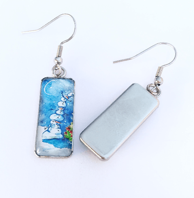 Snowman Tower & Christmas Tree Drop Earrings