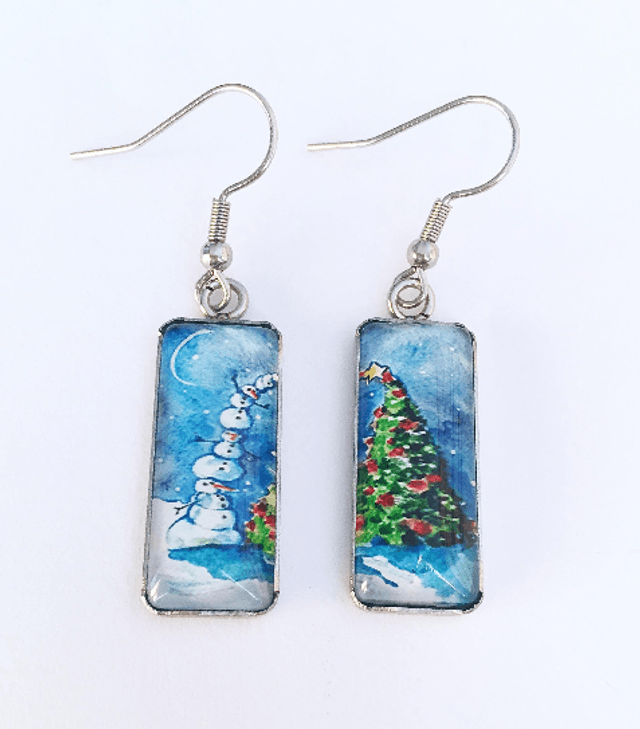 Snowman Tower & Christmas Tree Drop Earrings