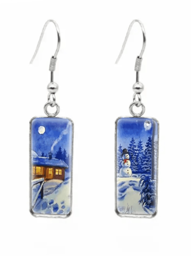 Snowy Cabin &amp; Snowman Drop Earrings